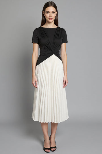Ivory and Black Patchwork Pleated Short Sleeves Long Work Dress